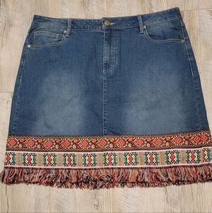 Cato Embroidered Denim Pencil Skirt with Fringe Hem